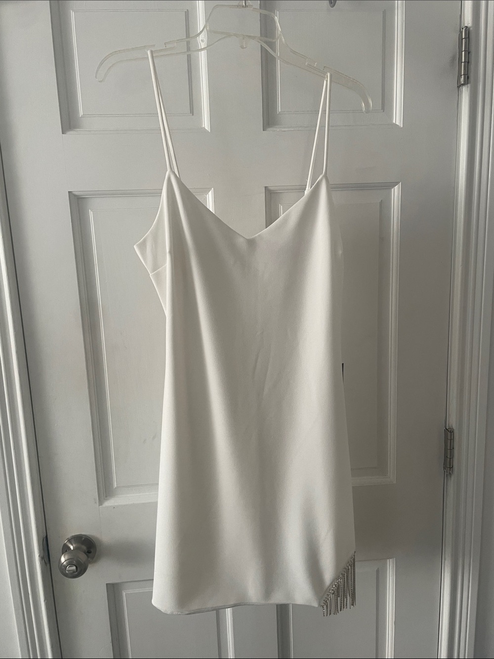 City Studio Ivory Satin Slip Dress with Fringe Hem